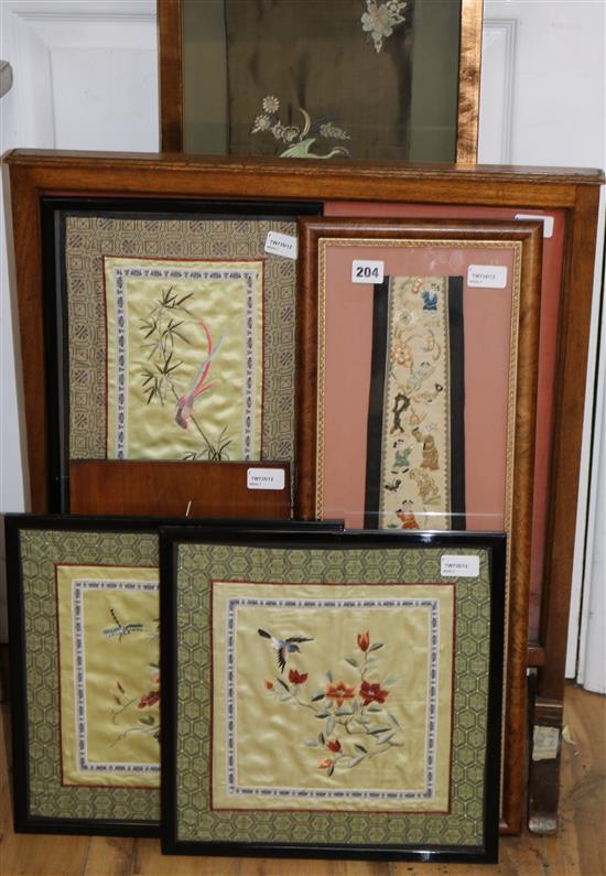 Six Chinese silk embroidered framed panels,